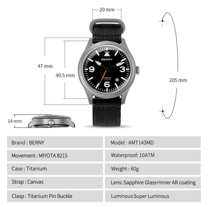 BERNY Titanium Automatic Field Watch – Mechanical Military Wristwatch with Sapphire Crystal
