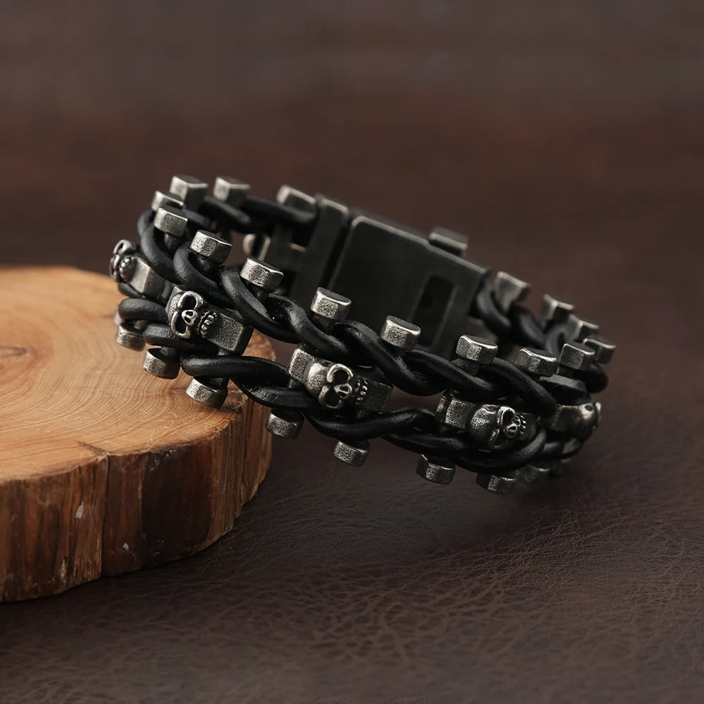 Vintage Punk Skull Bracelet for Men - 316L Stainless Steel & Braided Leather Biker Amulet Jewelry