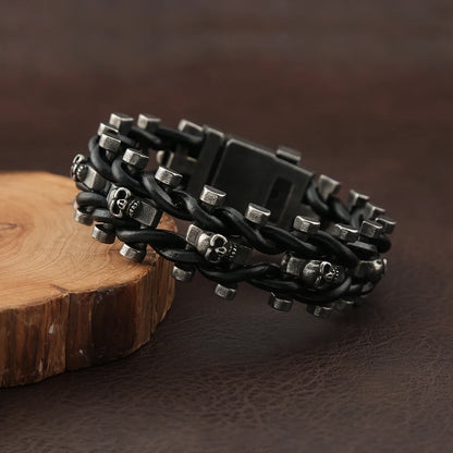 Vintage Punk Skull Bracelet for Men - 316L Stainless Steel & Braided Leather Biker Amulet Jewelry