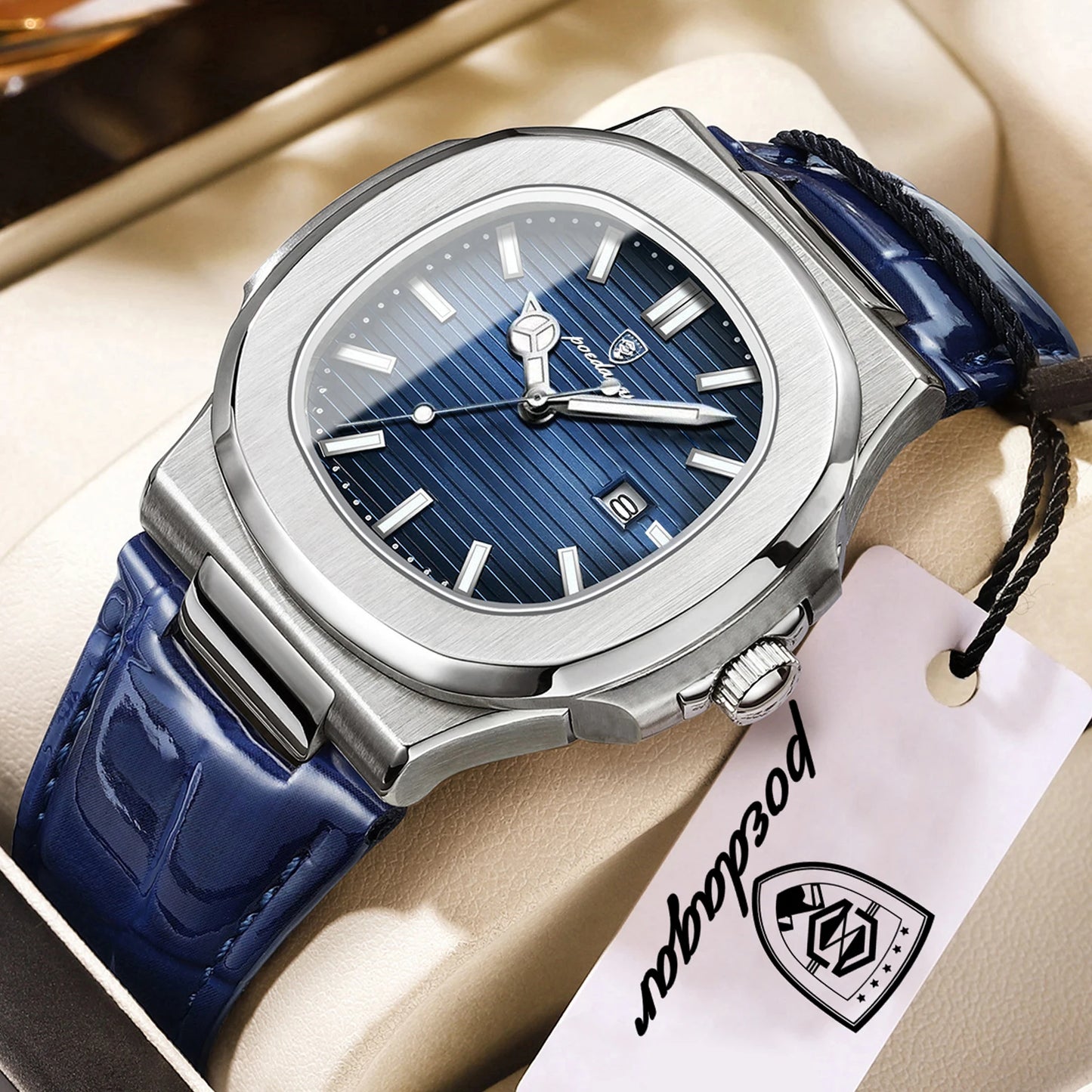 POEDAGAR Men’s Square Quartz Watch – Genuine Leather Strap, Luminous Dial & Date Display