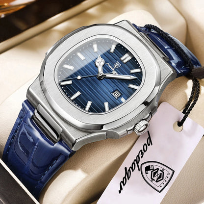 POEDAGAR Men’s Square Quartz Watch – Genuine Leather Strap, Luminous Dial & Date Display