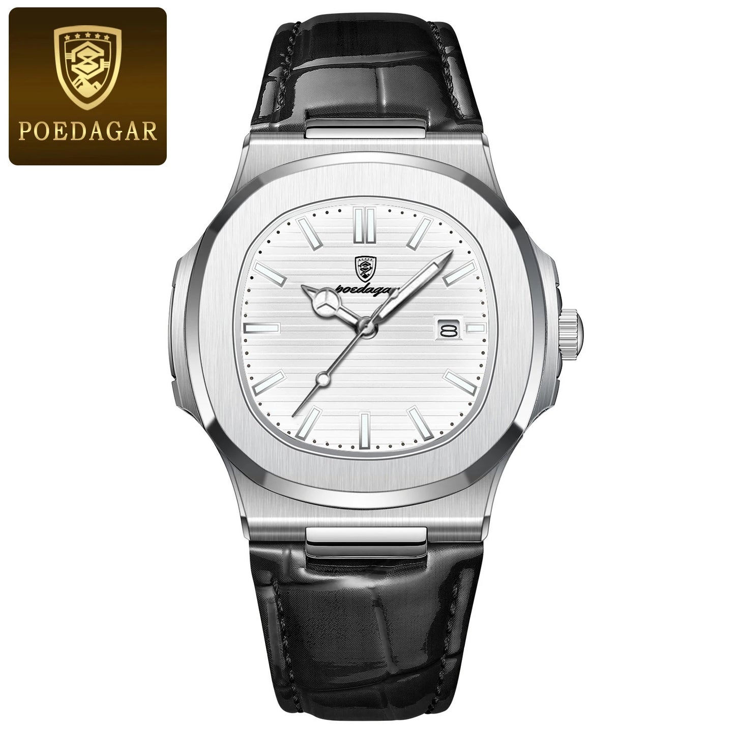 POEDAGAR Men’s Square Quartz Watch – Genuine Leather Strap, Luminous Dial & Date Display