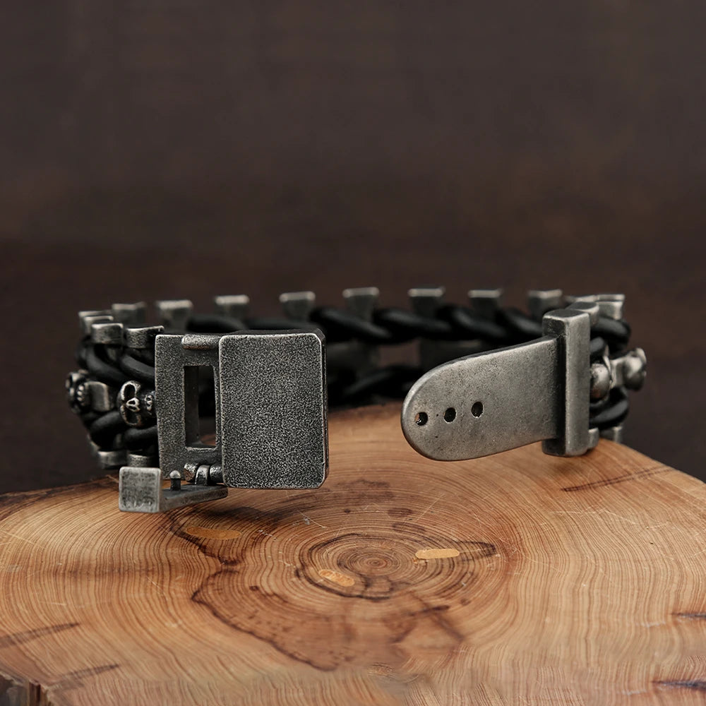 Vintage Punk Skull Bracelet for Men - 316L Stainless Steel & Braided Leather Biker Amulet Jewelry