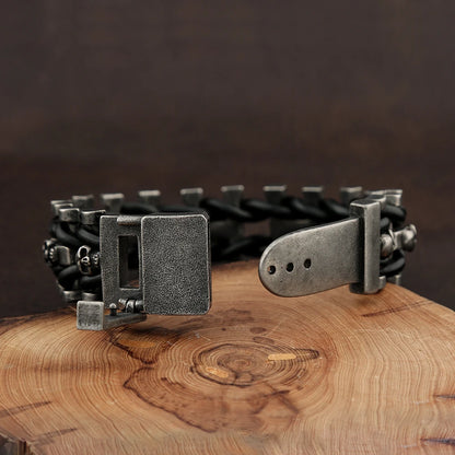 Vintage Punk Skull Bracelet for Men - 316L Stainless Steel & Braided Leather Biker Amulet Jewelry