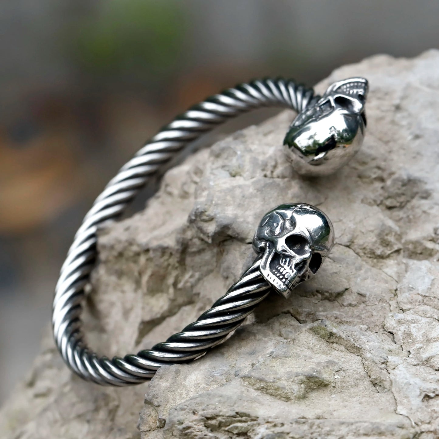 Mens Double Skull Bracelet - 316L Stainless Steel Punk Biker Style