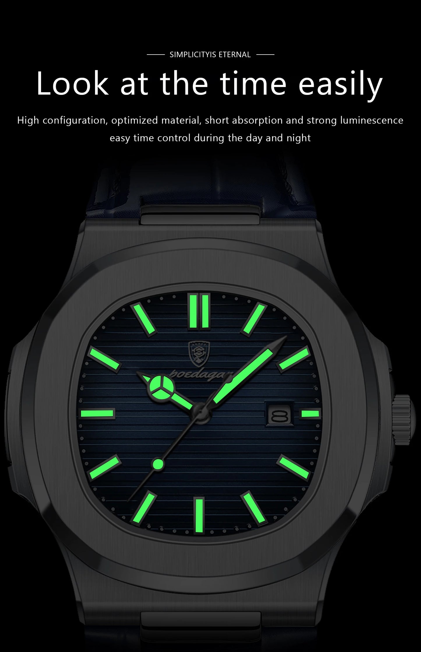 POEDAGAR Men’s Square Quartz Watch – Genuine Leather Strap, Luminous Dial & Date Display