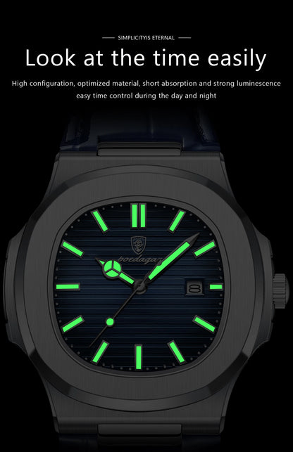 POEDAGAR Men’s Square Quartz Watch – Genuine Leather Strap, Luminous Dial & Date Display