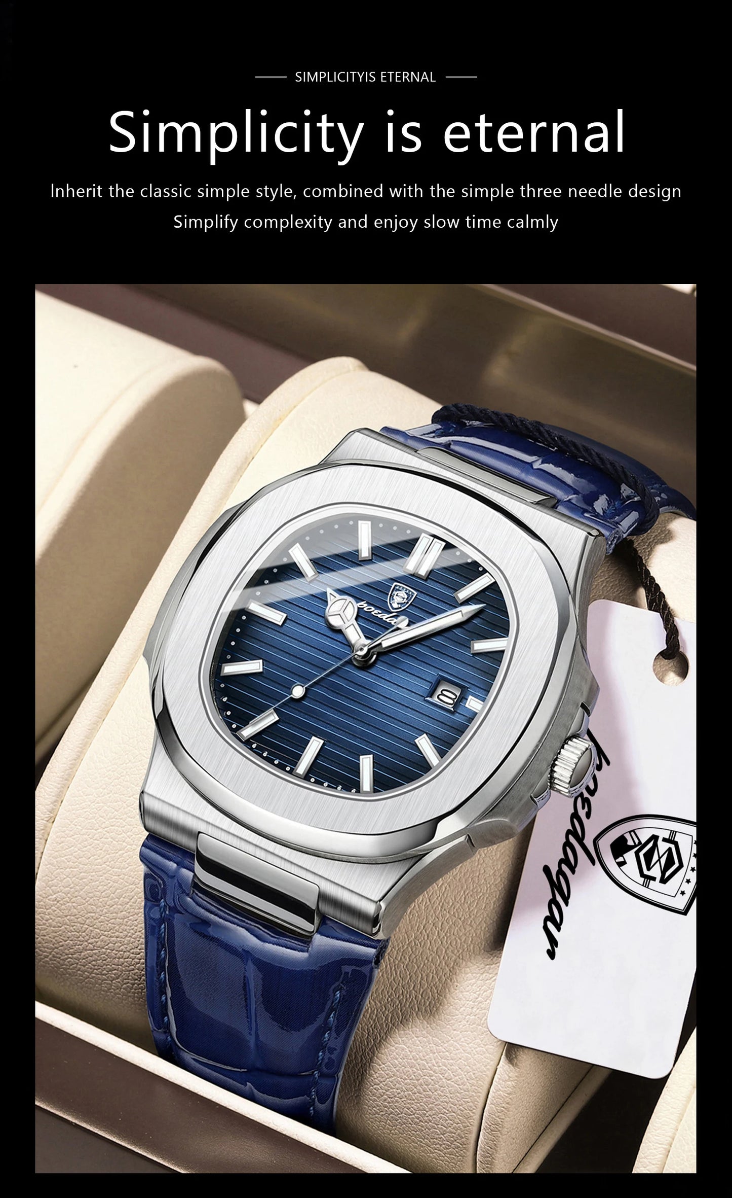 POEDAGAR Men’s Square Quartz Watch – Genuine Leather Strap, Luminous Dial & Date Display