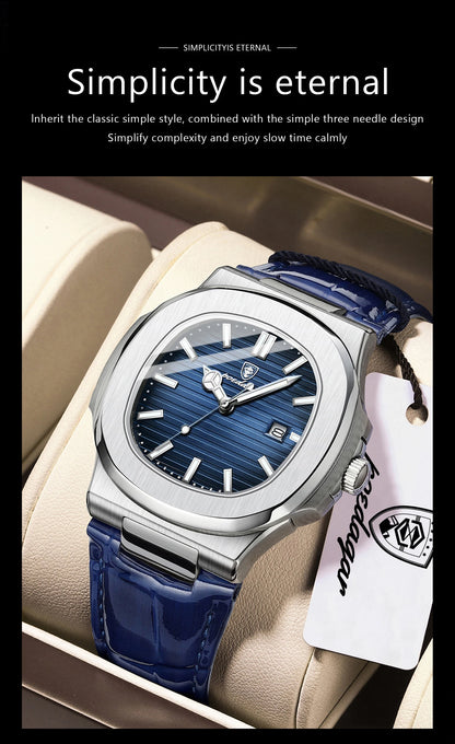 POEDAGAR Men’s Square Quartz Watch – Genuine Leather Strap, Luminous Dial & Date Display