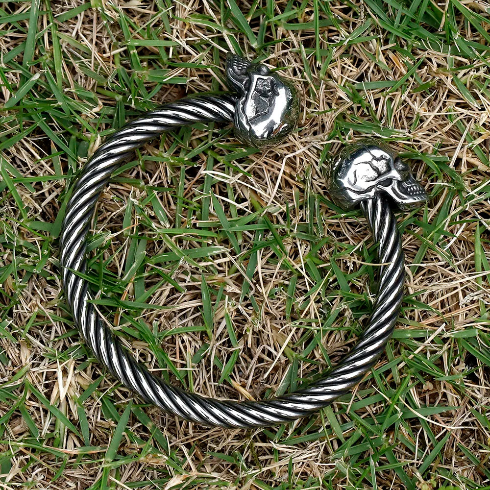 Mens Double Skull Bracelet - 316L Stainless Steel Punk Biker Style