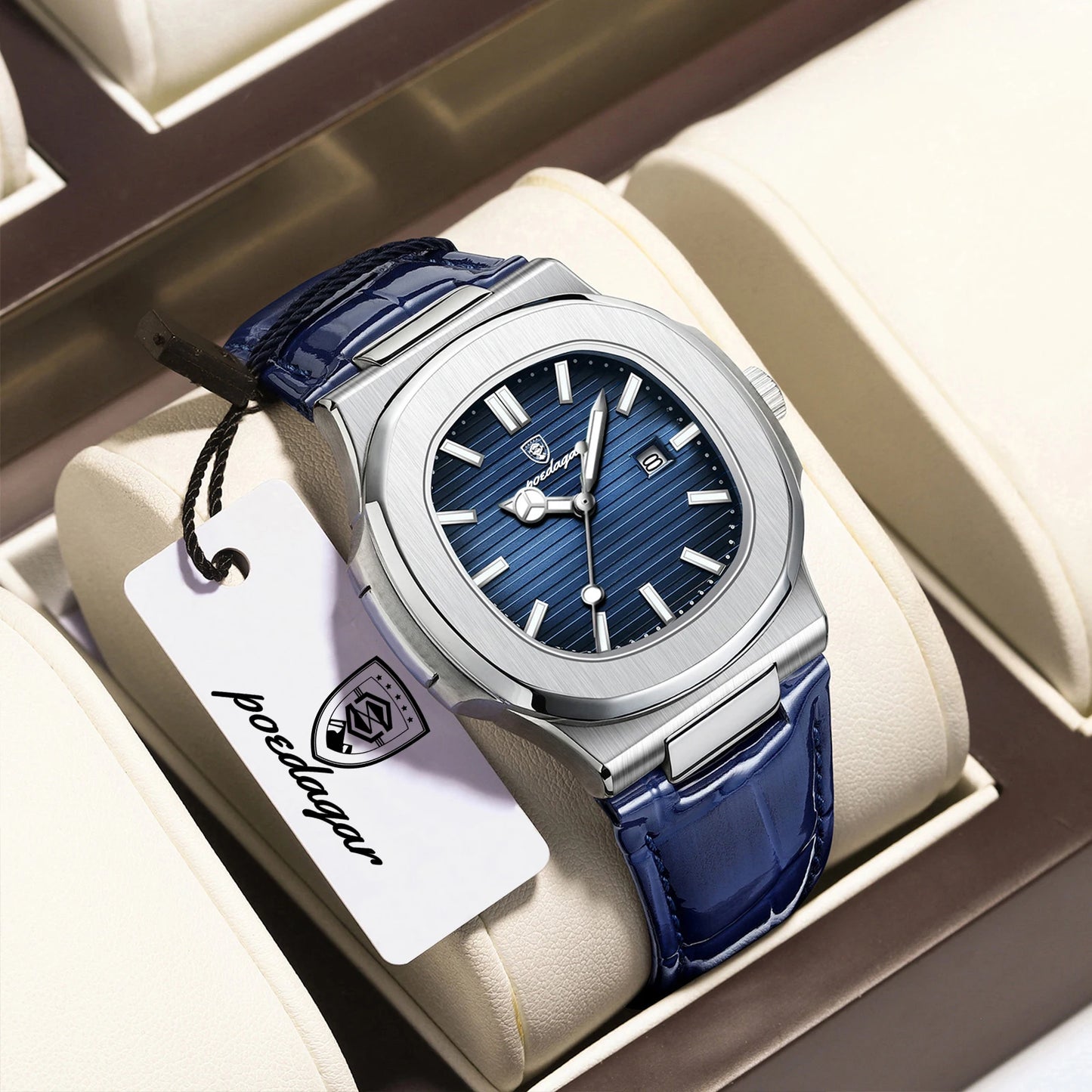 POEDAGAR Men’s Square Quartz Watch – Genuine Leather Strap, Luminous Dial & Date Display