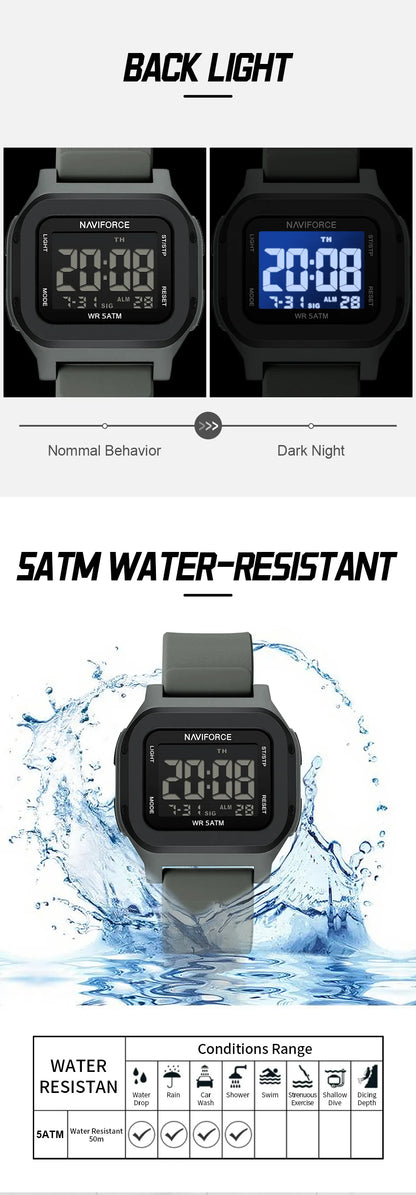 Men's Sport Wristwatch LCD Display 50m Waterproof Alarm Stopwatch Backlight Unique Square Case