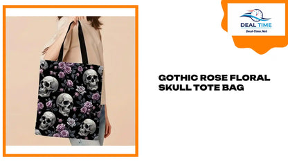 Gothic Rose Floral Skull Tote Bag by@Outfy