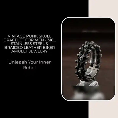 Vintage Punk Skull Bracelet for Men - 316L Stainless Steel &amp; Braided Leather Biker Amulet Jewelry by@Outfy