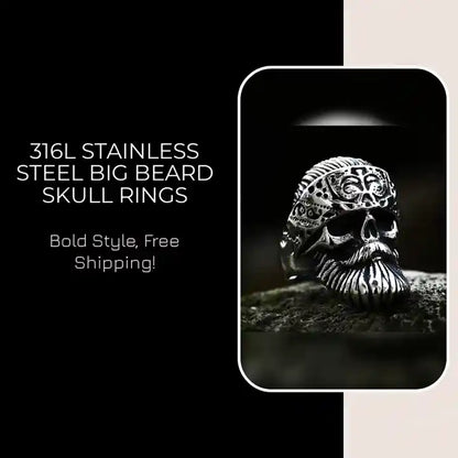 316L Stainless Steel Big Beard Skull Rings by@Outfy