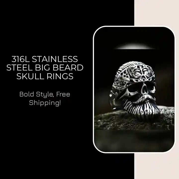 316L Stainless Steel Big Beard Skull Rings by@Outfy