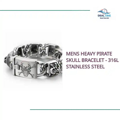 Mens Heavy Pirate Skull Bracelet - 316L Stainless Steel by@Outfy