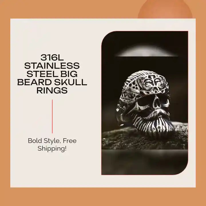 316L Stainless Steel Big Beard Skull Rings by@Outfy